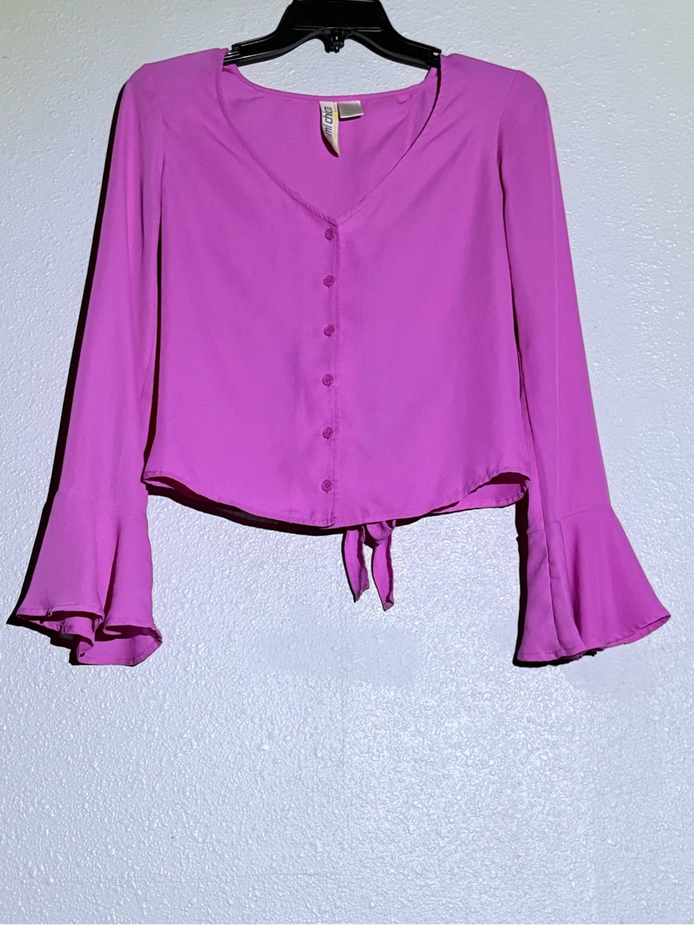 Mimi Chica Bright Magenta Button-Front Tie-Hem Blouse